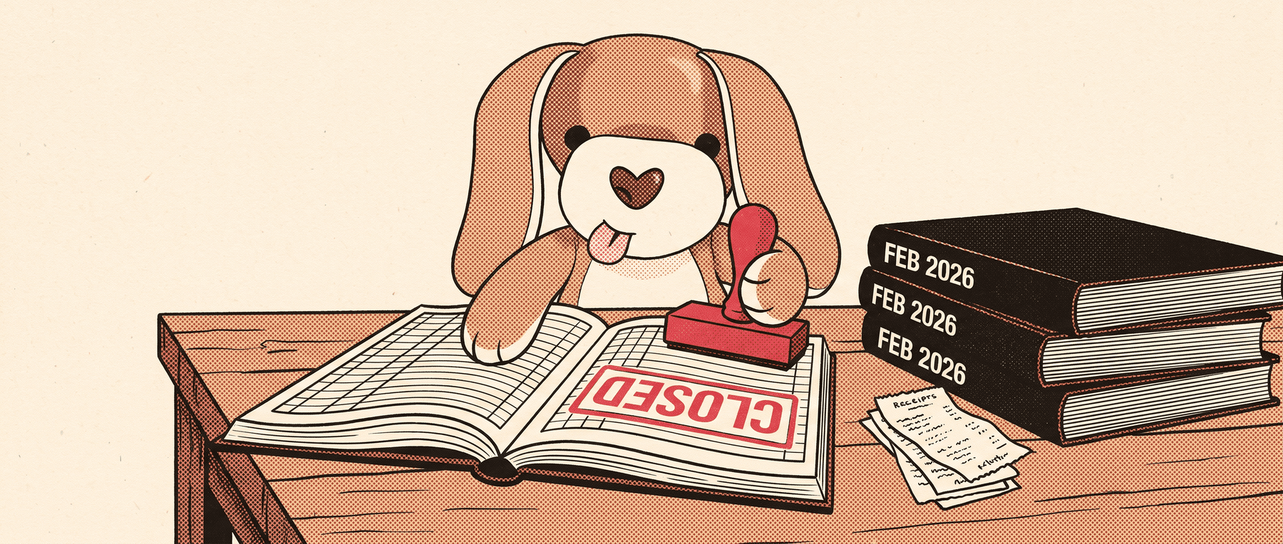 Tammy, the Expenny plush puppy mascot, sitting at a wooden desk firmly stamping a thick ledger closed, receipts and archived ledger books beside her — halftone print illustration